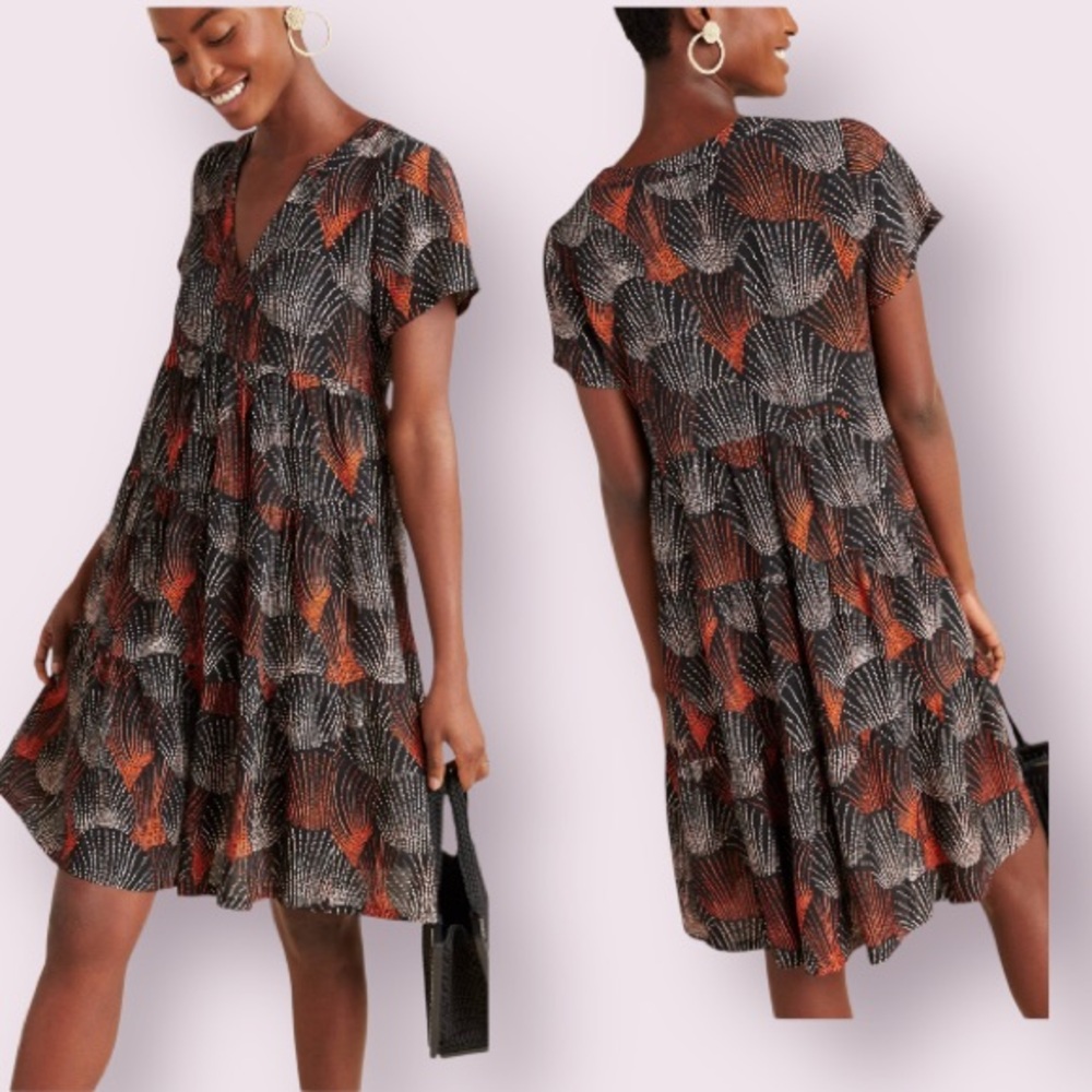 Anthropologie Black and Orange Patterned Dress